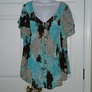 Signature by Larry Levine Woman crinkle black turquoise blouse  Sz 2X NWOT